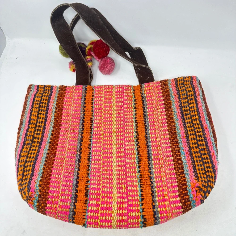 Peruvian Connection Handwoven Tote Bag Pink Striped Wool Pom Pom Boho Artisan